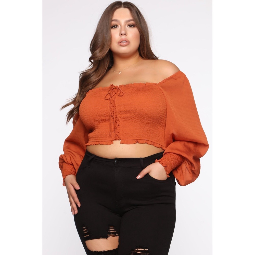 Fashion Nova Smock Away Lace Top Size 3X Cognac‎ Off Shoulder Puff Sleeve New